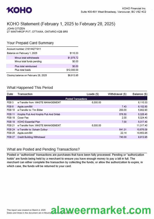 Canada KOHO Financial Incorporated statement template in Word and PDF formats